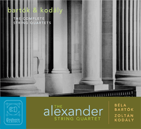 Cover art for Bartok & Kodaly Complete String Quartets shows a close-up of many overlapping building columns, a pattern of vertical lines, photo by Rory Earnshaw
