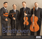 The box for Beethoven: Complete Quartets shows the Alexander String Quartet in formal dress with instruments, photo by Rory Earnshaw