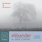 Cover art for Brahms & Mozart Clarinet Quintets shows a towering oak and some cows grazing in luminous fog, photo by Rory Earnshaw.