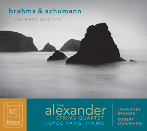 Cover art for Brahms & Schumann: Piano Quintets shows towering Northern California rock formations, photo by Rory Earnshaw