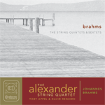 Cover art for Brahms String Quintets & Sextets features a long wooden pier at Lake Tahoe, with distant mountains forming a low horizon; photo by Rory Earnshaw