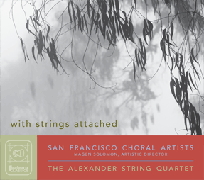 Cover art for With Strings Attached shows dark eucalyptus leaves, with their pale shadows behind, photo by Rory Earnshaw